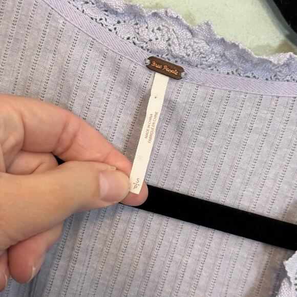 Free People Third Date Crop Top Womens Small Purple Lace Trim Ribbed Long Sleeve - Picture 5 of 7